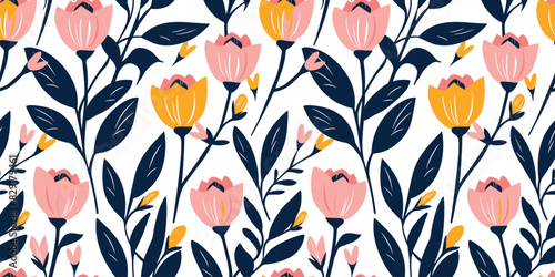 Cute pink, yellow and navy blue floral pattern with leaves on a white background, seamless pattern design used for textile fabric printing, wallpaper murals or flat surface. spring, summer dress print