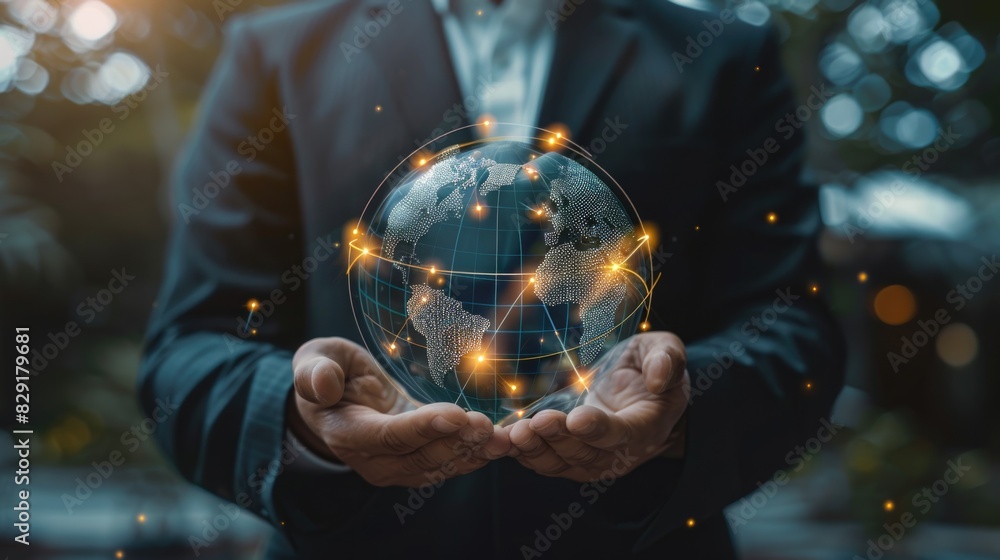 Fototapeta premium Businessman hold global business globe with network bold line connected around it
