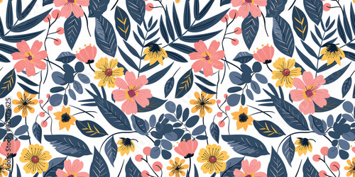 Cute pink, yellow and navy blue floral pattern with leaves on a white background, seamless pattern design used for textile fabric printing, wallpaper murals or flat surface. spring, summer dress print
