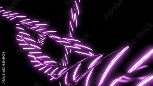 Animation of moving neon lines in dark. Design. Line of dark harnesses with neon stripes in dark. Abstract lines with neon stripes swirl in dark