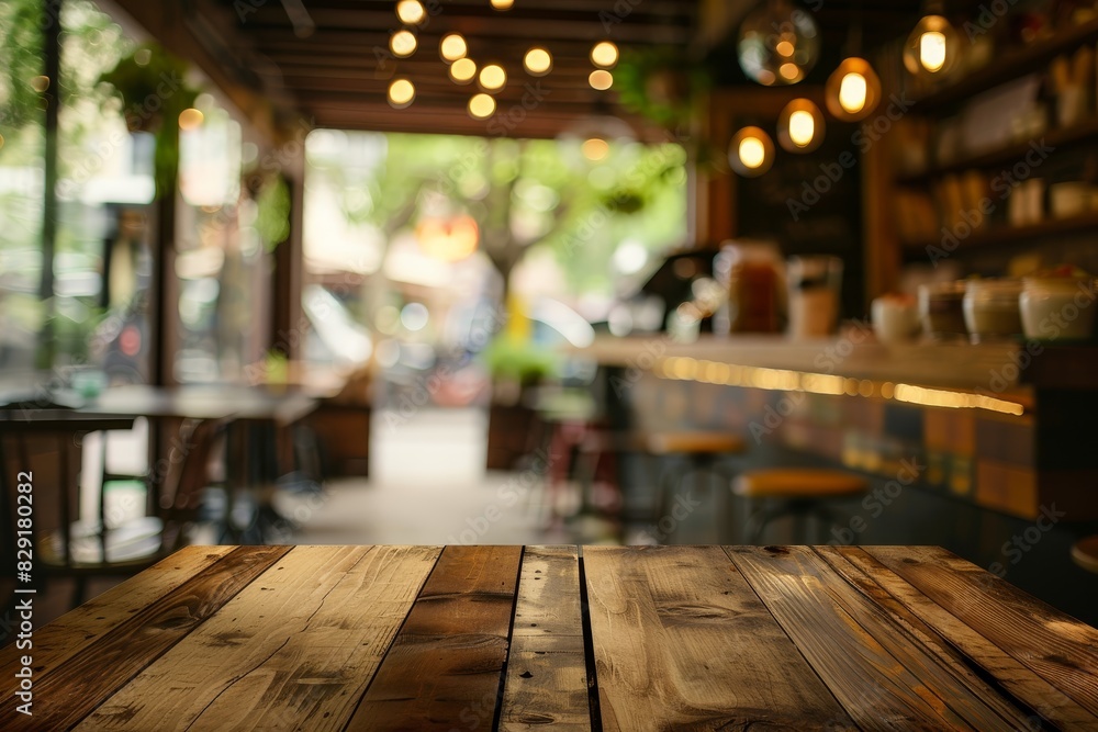 Blurry interior cafe background with empty wooden table Blurry interior cafe background with empty wooden table
