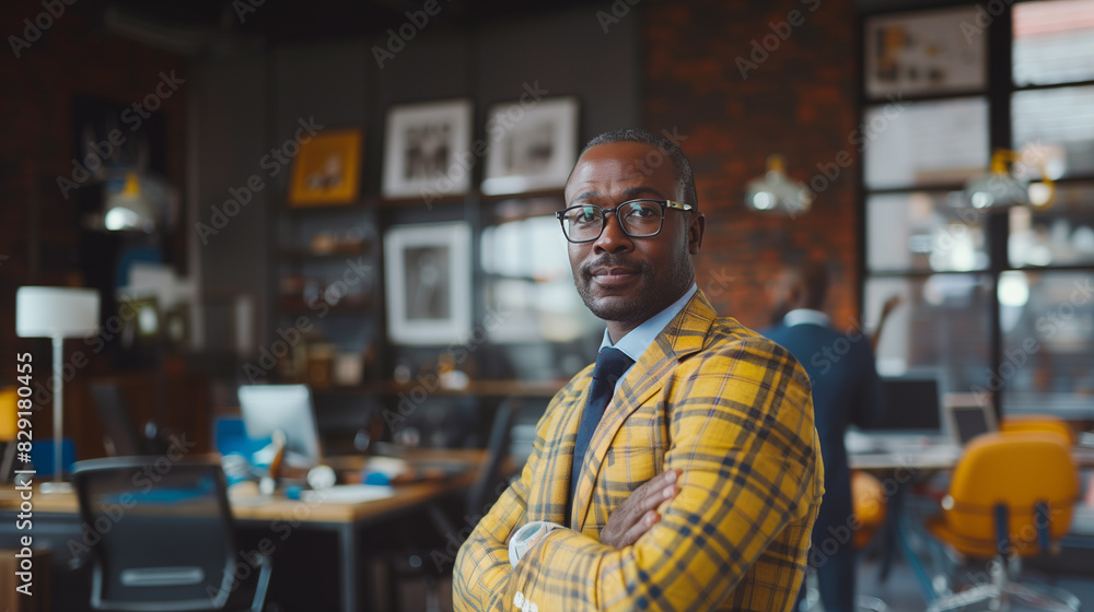 Obraz premium A stylish African American businessman in a yellow plaid suit, with arms crossed, standing confidently in a modern, well-decorated office.