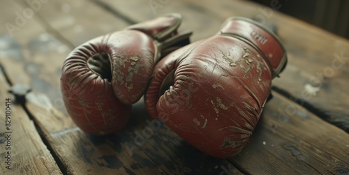 Boxing gloves placed on the table made of wood