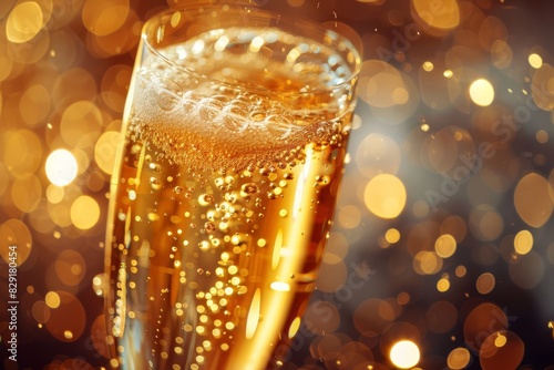 Close-up of a sparkling champagne glass with golden bokeh lights in the background, perfect for celebrations and festive occasions.