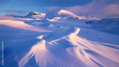 Artistic shot of a snow-covered landscape at sunrise, with light casting long shadows and emphasizing the crisp, cold details. photo