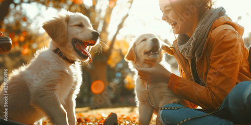 Two friends share a laugh while playing fetch with their adorable puppy at the park