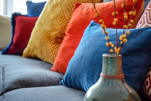Bright pillows on couch with small vase upfront photo