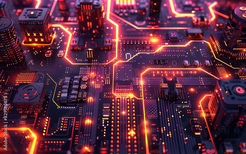 Close-up of futuristic circuit board with glowing neon lights, representing advanced technology and artificial intelligence.