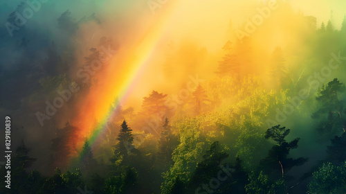 Artistic shot of a vibrant rainbow after a storm  with light and shadow emphasizing the colors and the surrounding landscape.