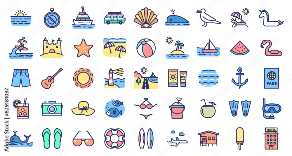 Fototapeta premium Summer Beach and Vacation Icons set. Travel, seasonal holiday objects, landscapes, surfing, activities graphic elements.