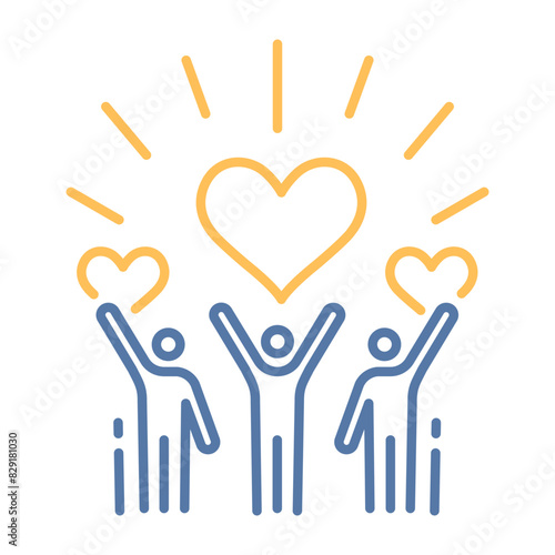 Community support volunteers and charity work. Vector thin line icon with raised arms volunteering crowd with hearts. Positive foundation, business, service