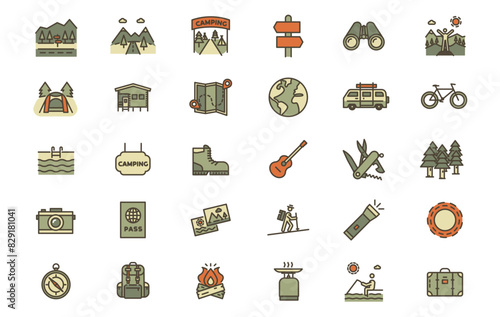 Summer camping outdoor activities icon set. Objects, landscapes, activities. Vacation in mountains, forests, nature, traveling