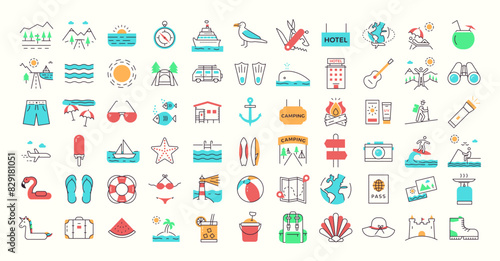 Minimalist trendy summer icons. Vector thin line graphic element illustrations with flat colors. Holiday and vacations, beach, mountain, objects, activities