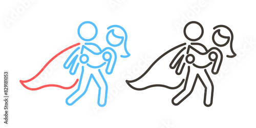 Superhero Rescuing and holding a person in arms with cape flowing icon vector illustration. Heroism, protection, courage in blue and red outline