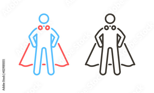 Superhero standing with hands on hips and wearing cape vector icon. Strength, protection, heroism, leadership, charisma, success and willpower in blue and red thin line