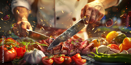 A chef prepares a delectable feast, their knife expertly slicing through the succulent meats and colorful vegetables photo
