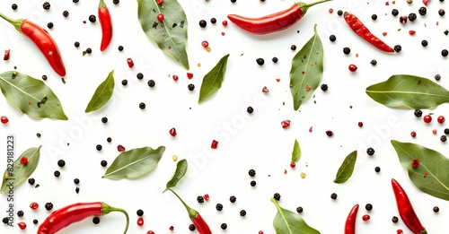 Colorful chili peppers dried peppercorns on white background top view Seasoning spices for cooking cayenne pepper food Creative layout pattern photo