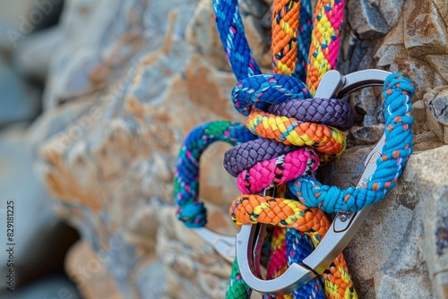 Colorful carabiner with eight rope knots on rocks photo
