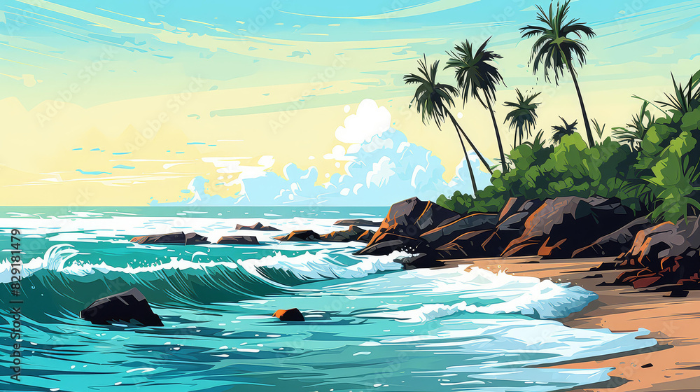Fototapeta premium Vibrant chibistyle coastal art in digital painting, with vivid colors and stylized cartoony drawing.