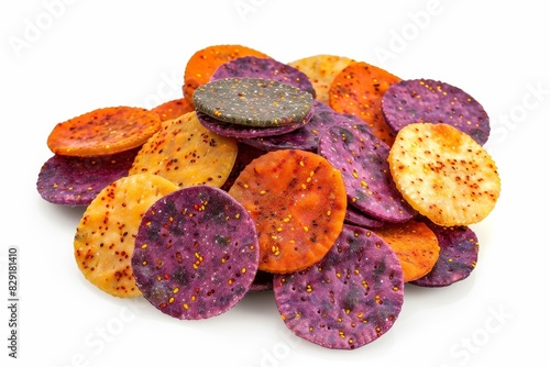 Colorful round crackers with spicy chili powder topping on white background photo