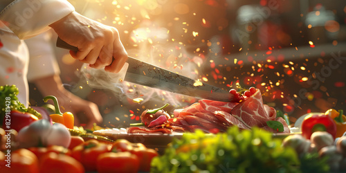 A chef prepares a delectable feast, their knife expertly slicing through the succulent meats and colorful vegetables