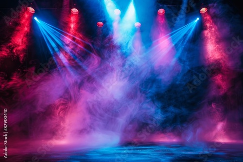 Colorful stage lights smoke at concert or theatre
