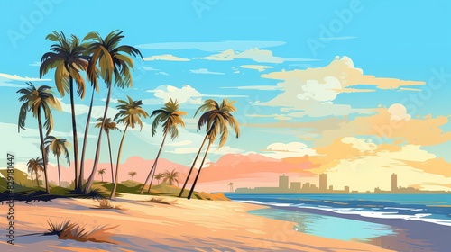 Vibrant chibistyle coastal art in digital painting  with vivid colors and stylized cartoony drawing.
