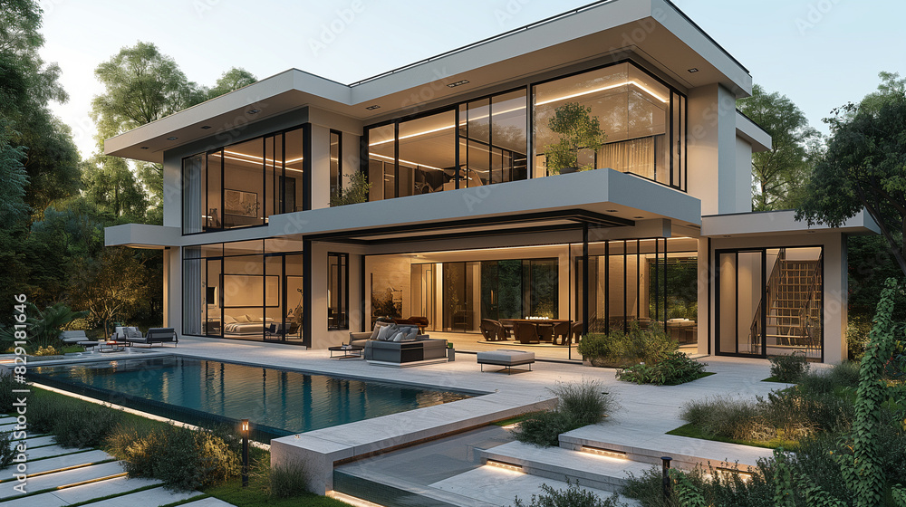 Aerial view, oblique angle, a two-story villa with pitched roof, modern creative minimalistic design, with a swimming pool and garden, two level villa, modern facade, award-winning architecture,