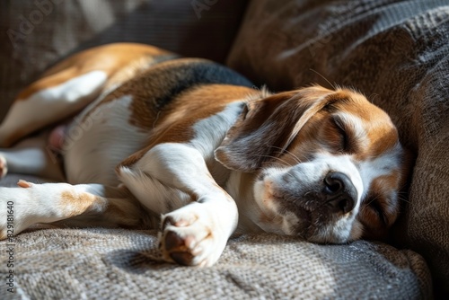 Comical Beagle dog naps on couch focus on back © LimeSky