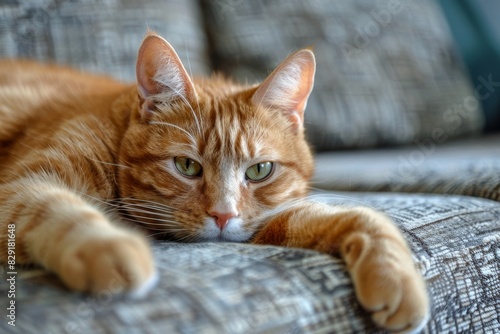 Comical orange cat napping on a sofa © LimeSky