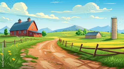 Colorful chibistyle farm illustration with vivid colors and stylized painting. photo