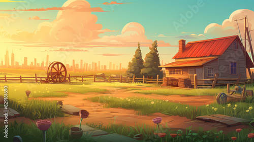 Colorful chibistyle farm illustration with vivid colors and stylized painting. photo