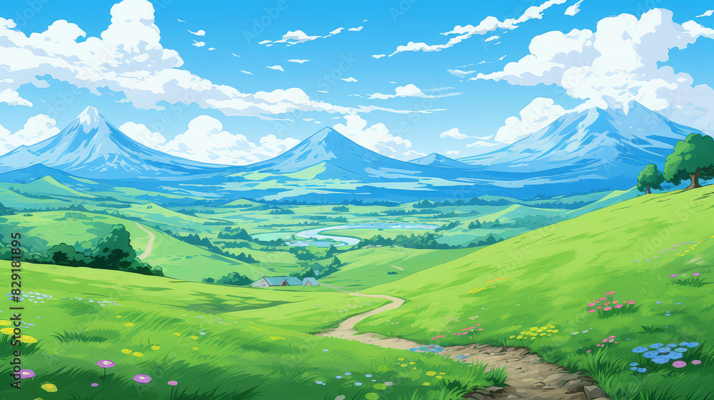 Naklejka premium Vibrant hilly landscapes brought to life in chibi style with vivid colors and stylized digital painting.