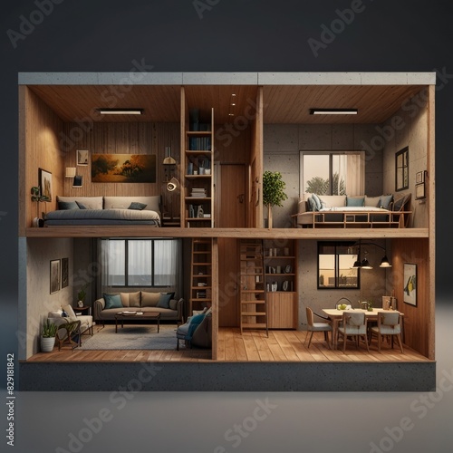 Modern home cross section  3d rendering minimalist