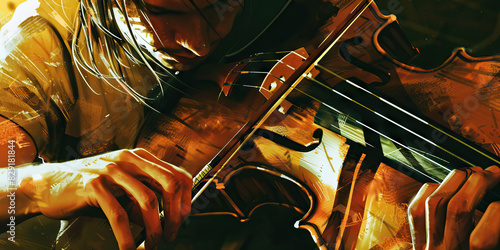 A musician lost in the music, their fingers dancing nimbly across the strings of their beloved instrument.
