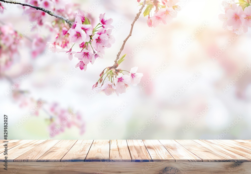 abstract spring background with a free space on a wooden table, nice blur and depth