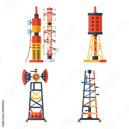 Flat design vector illustration various oil rigs derricks geared extraction, featuring bright colors geometric shapes. Industrial icons represent oil industry equipment drilling pumping. Colorful