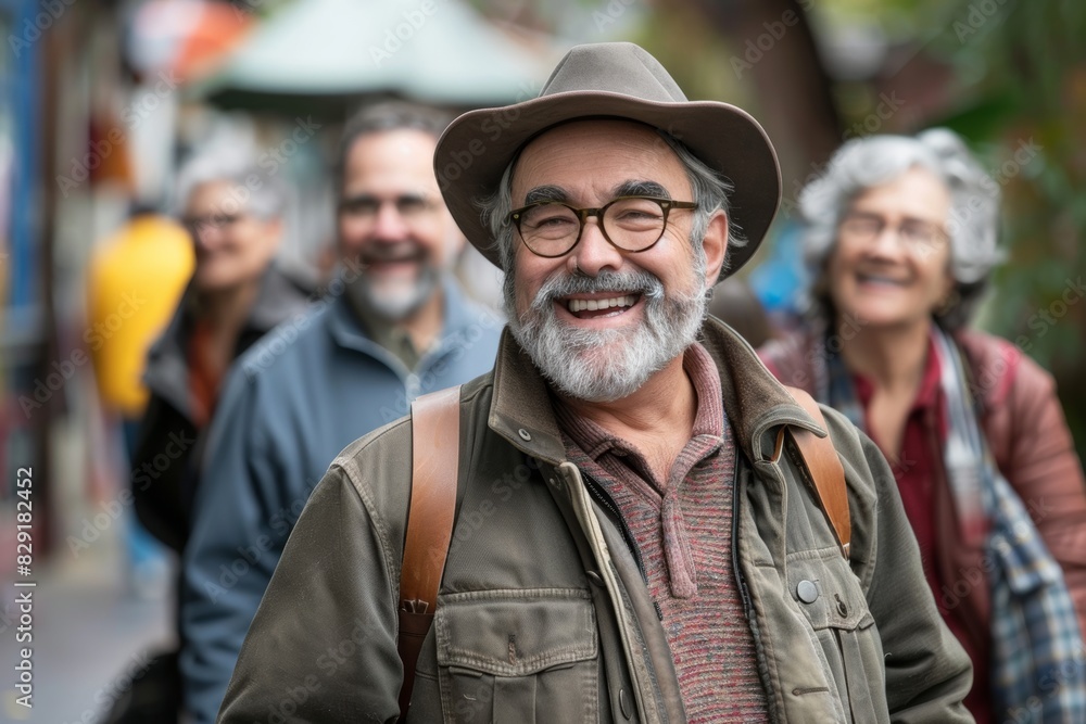 Portrait of happy senior man with friends in the background at the street Portrait of happy senior man with friends in the background at the street