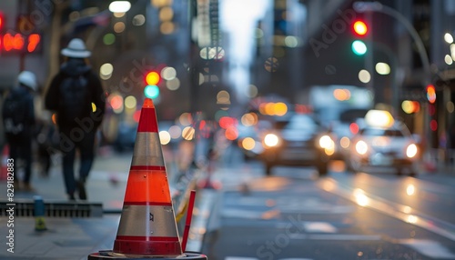 Construction zone in Sydney s CBD with defocused traffic controller using red and white witches hat cone signs photo