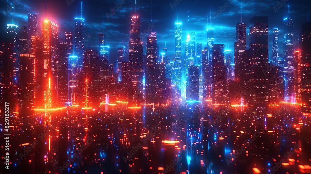 Futuristic neon city skyline with glowing blue and red lights reflecting on the water, creating a cyberpunk atmosphere at night.
