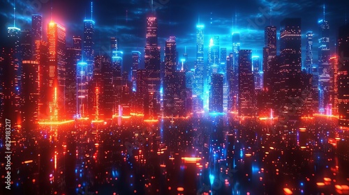 Futuristic neon city skyline with glowing blue and red lights reflecting on the water, creating a cyberpunk atmosphere at night.