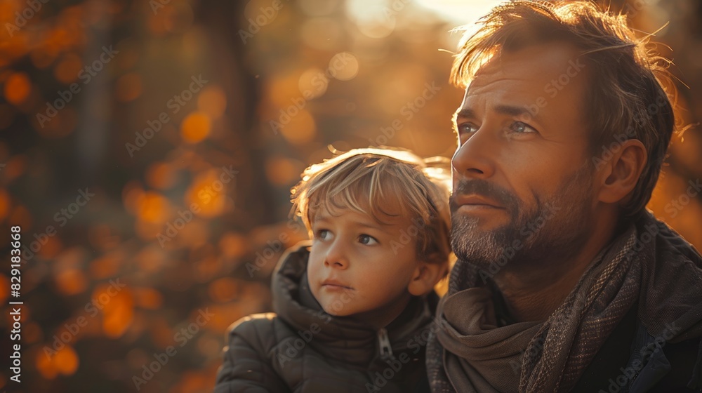 Father and son at autumn sunset background Father and son at autumn sunset background