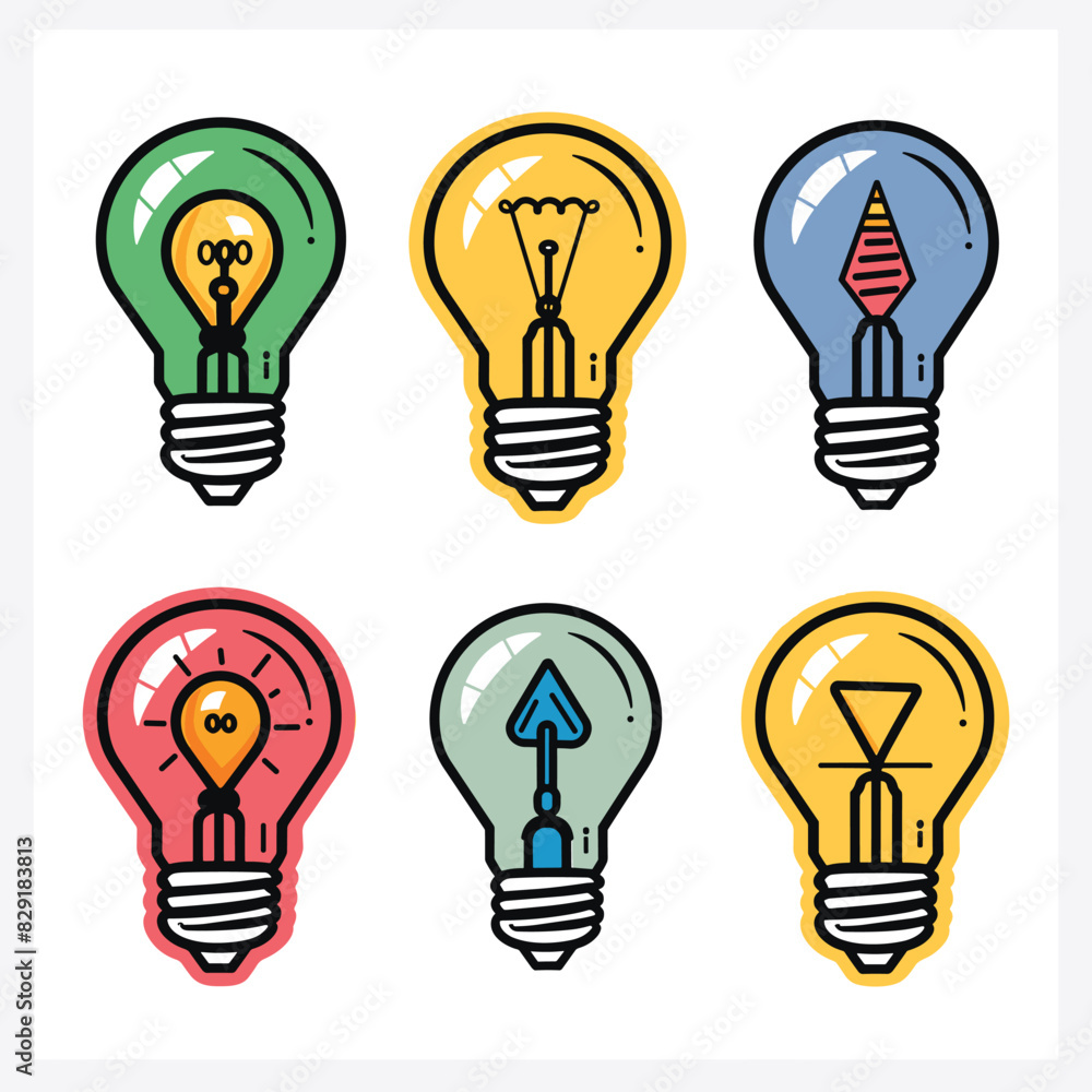 Six stylized light bulb icons representing different ideas concepts, colorful cartoon design. Light bulbs contain symbols person, clock, rocket, arrow, sand clock, isolated white background Six stylized light bulb icons representing different ideas concepts, colorful cartoon design. Light bulbs contain symbols person, clock, rocket, arrow, sand clock, isolated white background