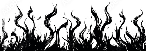 Border fire flame. Flaming pattern. Flammable horizontal line. Black on white. Decorative burning mockup. Cartoon fiery tattoo template. Hot temperature. Vector illustration