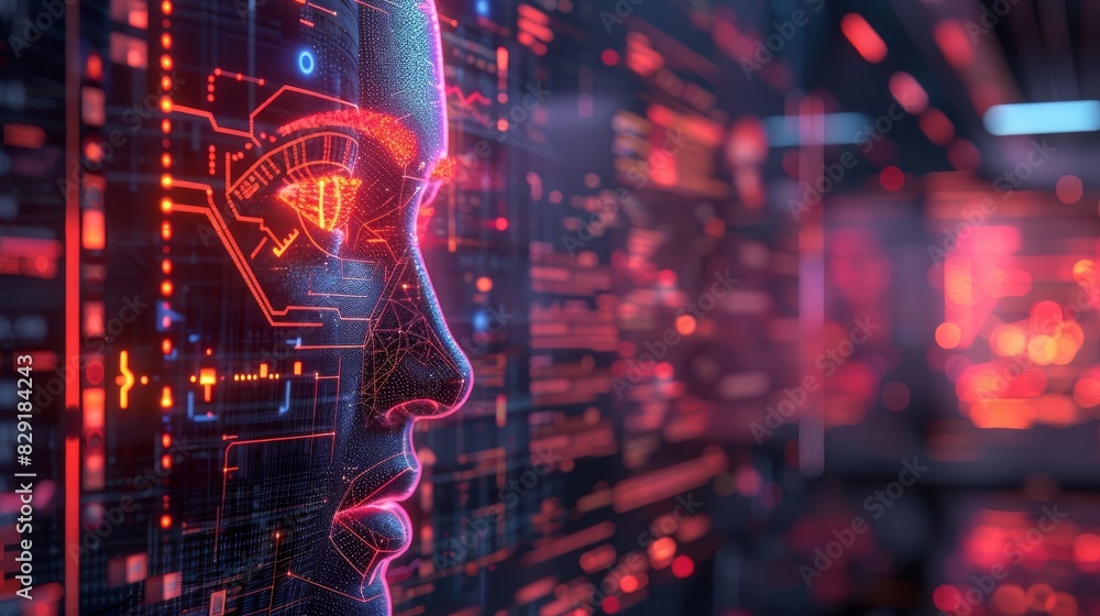 Human face integrated with digital interface and data streams, representing artificial intelligence and technology. Human face integrated with digital interface and data streams, representing artificial intelligence and technology.