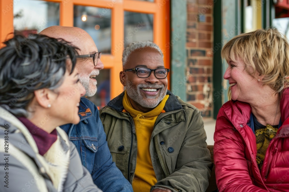 Senior friends talking and laughing together in the street. Cheerful senior friends having fun outdoors. Senior friends talking and laughing together in the street. Cheerful senior friends having fun outdoors.