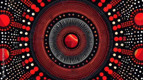 Shaded in red, African dot-and-circle geometric patterns often consist of complex arrangements of circles. The spots are inspired by traditional African art and patterns. which represents cultural he photo