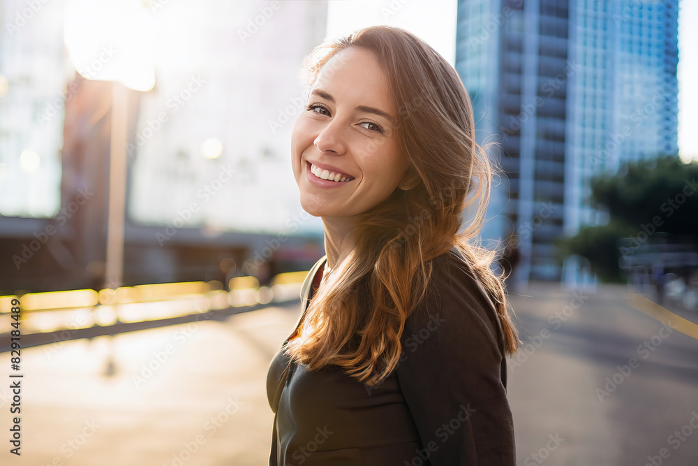 Fototapeta premium portrait of a smiling woman, happy student outdoor, teenager laughing