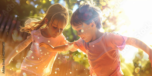 Two siblings play a rousing game of tag outside under the warm summer sun