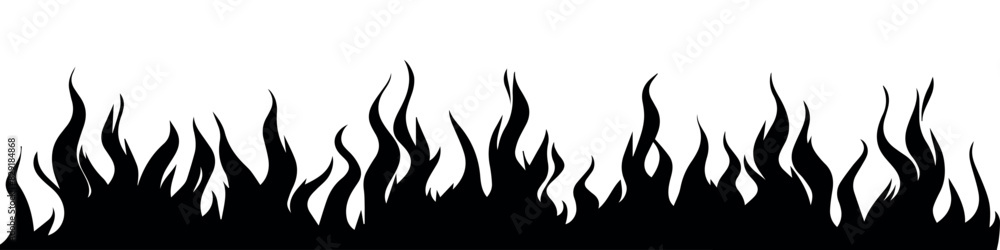 Border fire flame. Flaming pattern. Flammable horizontal line. Black on white. Decorative burning mockup. Cartoon fiery tattoo template. Hot temperature. Vector illustration Border fire flame. Flaming pattern. Flammable horizontal line. Black on white. Decorative burning mockup. Cartoon fiery tattoo template. Hot temperature. Vector illustration